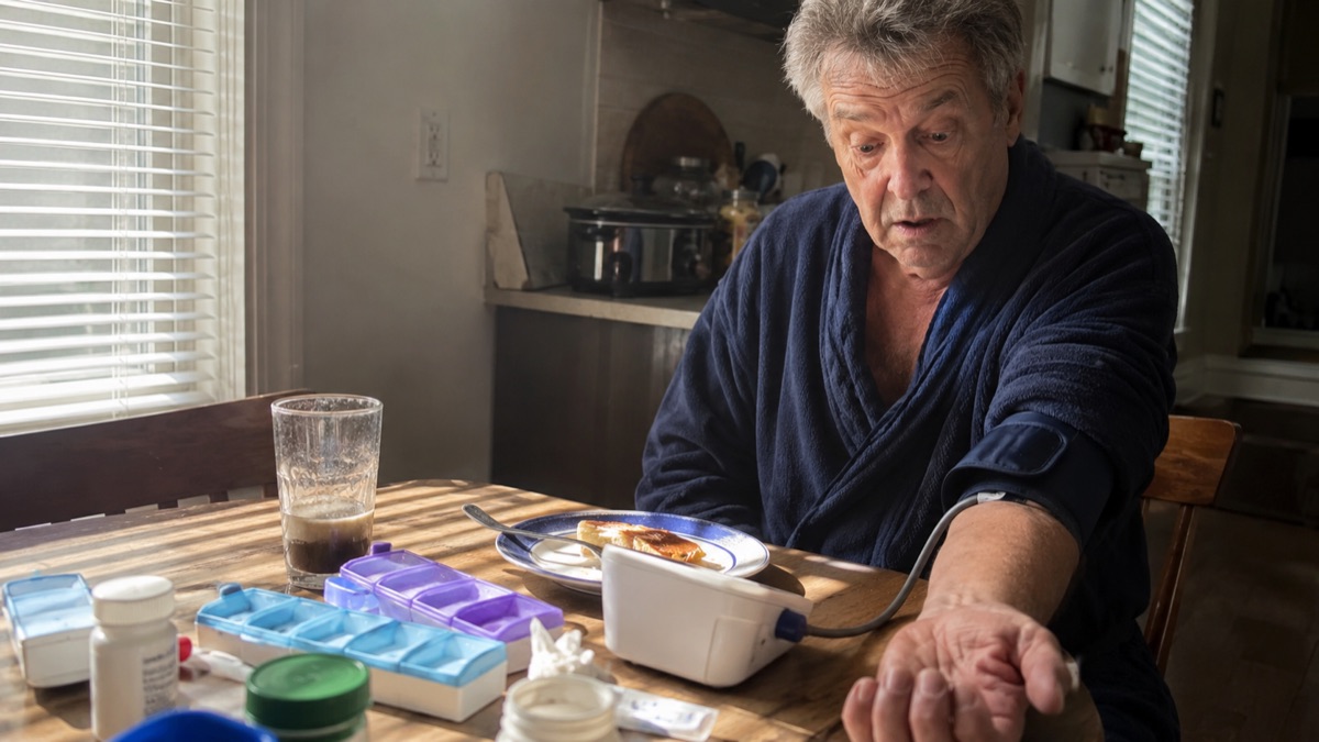 Blood pressure monitor on a kitchen counter